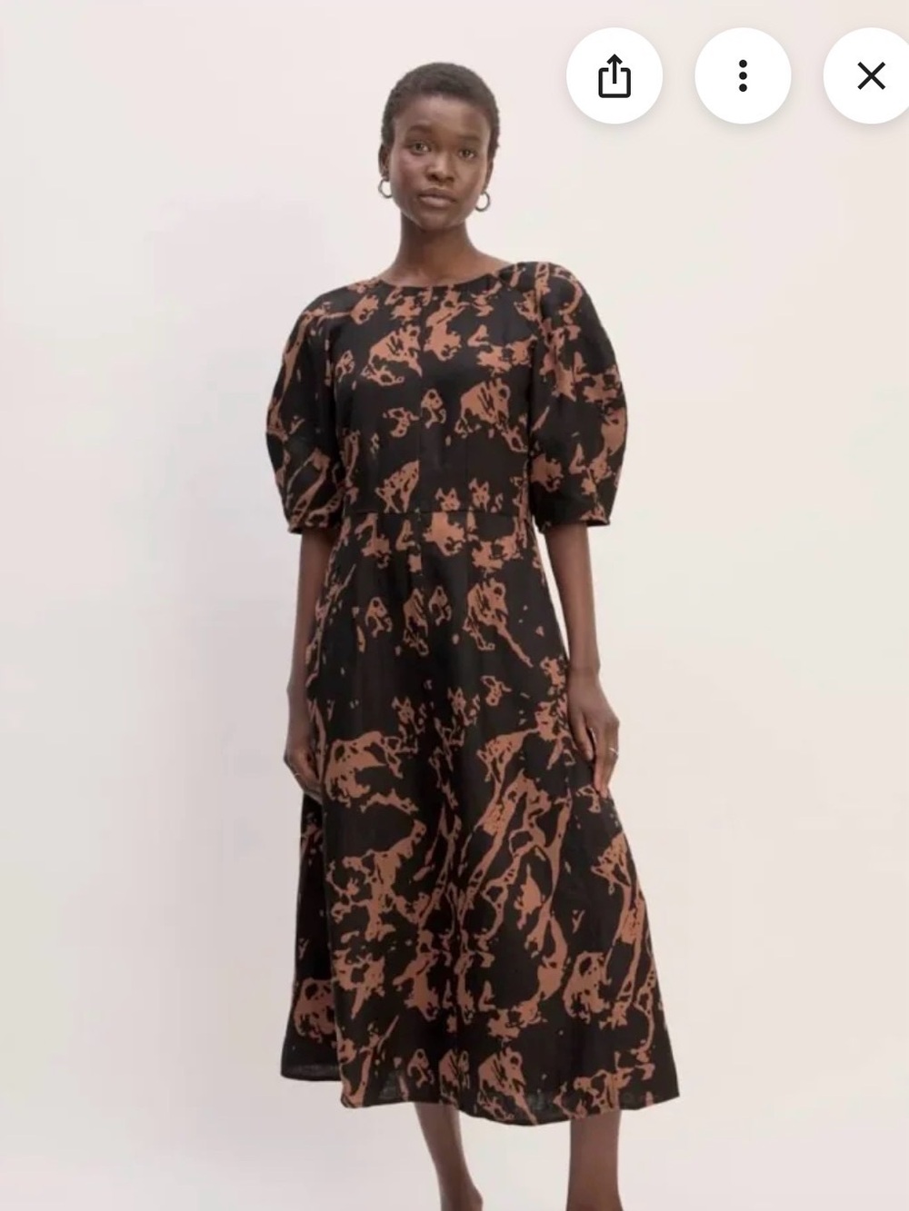 Everlane Black and Brown Abstract Midi Dress with Puff Sleeves